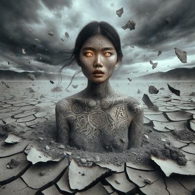 The primary subject of the image is a woman with a tattooed face, who is sitting in a hole in the ground. The setting is a rocky, barren landscape with a cloudy sky overhead. The visual style is a combination of photo and digital art, creating a surreal and dramatic atmosphere. The colors are predominantly dark, with the woman's face and tattoos being the main focus of the image.